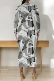 Grey Street Elegant Geometric Print Flowers Contrast O Neck Printed Dresses