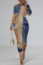 Blue Coffee Casual Street Faux Denim Print Contrast O Neck Printed Dresses