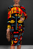 Turquoise Casual Print Patchwork O Neck Wrapped Skirt Dresses