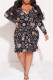 Reddish Brown Sexy Plaid Floral Print Lace Up Contrast V Neck Printed Plus Size Dresses