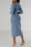 Light Blue Street Pocket Buckle Patchwork Slit Turndown Collar Long Sleeve Regular Denim Dresses