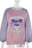 Purple Casual Letters Patchwork Contrast O Neck Tops