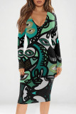 Purple Sexy Print Patchwork V Neck Wrapped Skirt Dresses