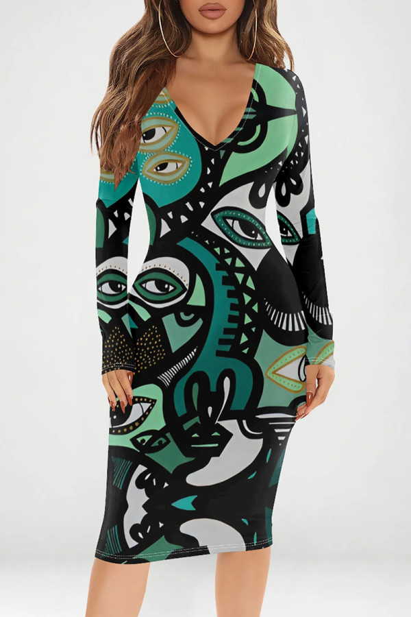 Green Sexy Print Patchwork V Neck Wrapped Skirt Dresses