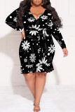 Colour Casual Geometric Print Flowers Lace Up Contrast V Neck Printed Plus Size Dresses