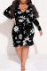 Black Casual Geometric Print Flowers Lace Up Contrast V Neck Printed Plus Size Dresses