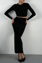 Black Casual Solid Color Patchwork O Neck Long Sleeve Two Pieces
