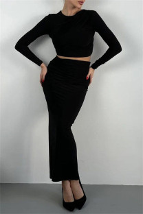 Black Casual Solid Color Patchwork O Neck Long Sleeve Two Pieces