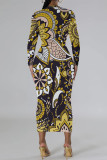 Orange Yellow Casual Street Elegant National Totem Print Contrast O Neck Printed Dresses
