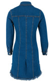 Blue Street Solid Color Pocket Buckle Patchwork Turndown Collar Long Sleeve Straight Denim Dresses