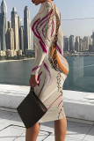 Blue Casual Street Geometric Print Contrast O Neck Printed Dresses