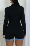 Black Casual Patchwork Contrast Turndown Collar Bodycon Rompers