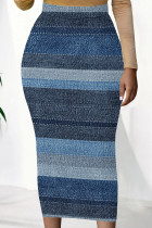 Gray Blue Sexy Print Patchwork Skinny Mid Waist Full Print Bottoms