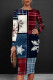 Burgundy Casual Patchwork O Neck Wrapped Skirt Dresses