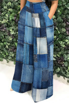 Sky Blue Casual Print Pocket Patchwork Loose High Waist Wide Leg Full Print Bottoms