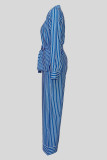 Blue Casual Stripe Pocket Patchwork Turndown Collar Long Sleeve Two Pieces