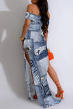 Baby Blue Sexy Faux Denim Print Slit Contrast Off Shoulder Printed Dresses