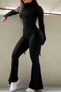 Black Casual Solid Color Draw String Patchwork Ruched Turtleneck Long Sleeve Two Pieces