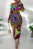 Turquoise Street Print Patchwork O Neck Wrapped Skirt Dresses
