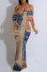 Blue Coffee Sexy Street Faux Denim Print Contrast Off Shoulder Fishtail Dresses