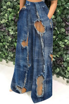 Orange Blue Casual Print Pocket Patchwork Loose High Waist Wide Leg Full Print Bottoms