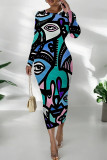 Turquoise Street Print Patchwork O Neck Wrapped Skirt Dresses