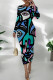 Turquoise Street Print Patchwork O Neck Wrapped Skirt Dresses