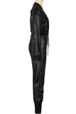 Black Street Solid Color Hollow Out Buckle Patchwork Strap Design O Neck Long Sleeve Two Pieces