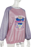 Purple Casual Letters Patchwork Contrast O Neck Tops