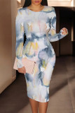 Blue Casual Street Geometric Print Contrast O Neck Printed Dresses