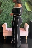 Red Casual Patchwork Contrast Off Shoulder Long Sleeve Two Pieces