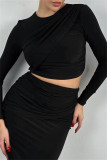 Black Casual Solid Color Patchwork O Neck Long Sleeve Two Pieces