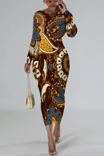 Brown Casual Street Elegant National Totem Print Contrast O Neck Printed Dresses