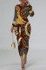 Brown Casual Street Elegant National Totem Print Contrast O Neck Printed Dresses