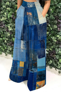 Deep Blue Casual Print Pocket Patchwork Loose High Waist Wide Leg Full Print Bottoms