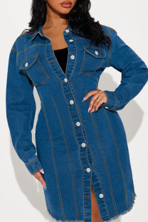 Blue Street Solid Color Pocket Buckle Patchwork Turndown Collar Long Sleeve Straight Denim Dresses
