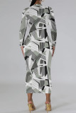 Grey Street Elegant Geometric Print Flowers Contrast O Neck Printed Dresses