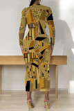 Orange Yellow Casual Street Elegant National Totem Print Contrast O Neck Printed Dresses