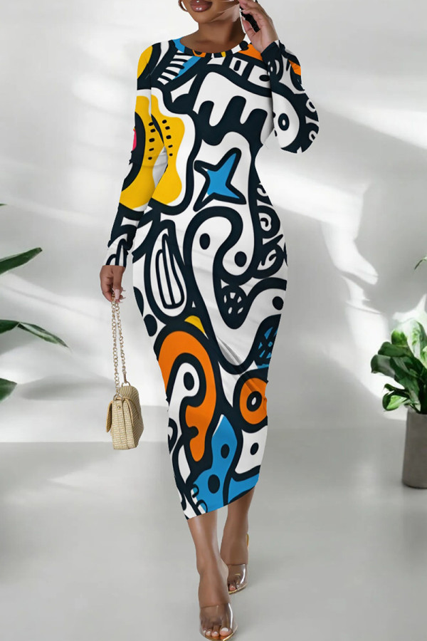 White Yellow Street Print Patchwork O Neck Wrapped Skirt Dresses