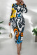 White Yellow Street Print Patchwork O Neck Wrapped Skirt Dresses