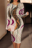 Blue Casual Street Geometric Print Contrast O Neck Printed Dresses