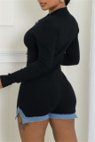 Black Casual Patchwork Contrast Turndown Collar Bodycon Rompers