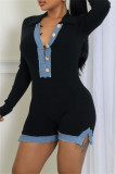 Black Casual Patchwork Contrast Turndown Collar Bodycon Rompers
