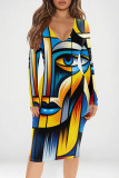 Purple Sexy Print Patchwork V Neck Wrapped Skirt Dresses