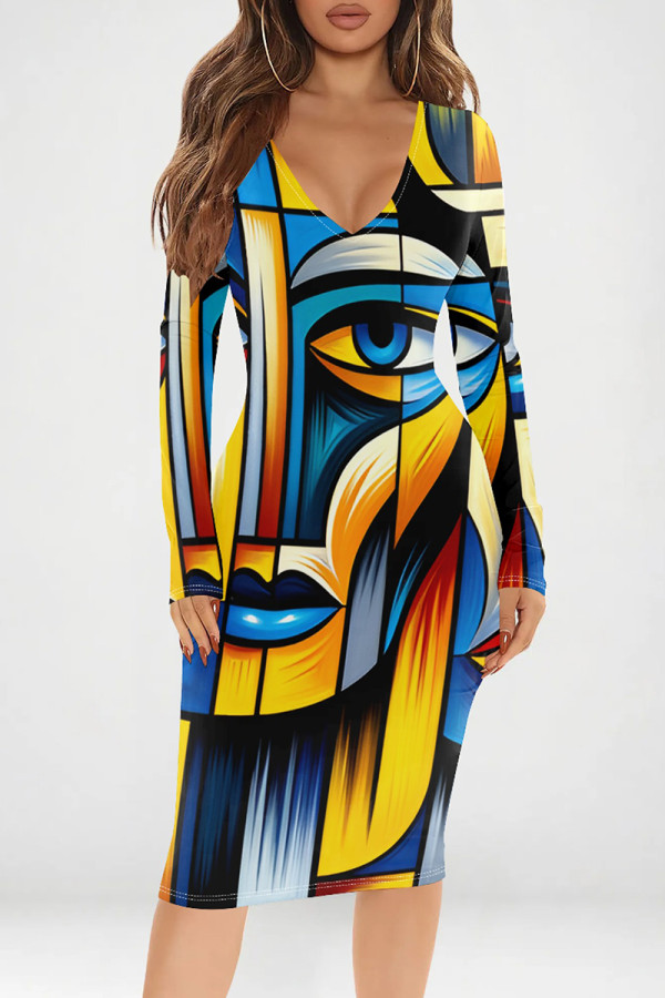 Yellow And Blue Sexy Print Patchwork V Neck Wrapped Skirt Dresses