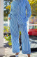 Blue Casual Stripe Pocket Patchwork Turndown Collar Long Sleeve Two Pieces