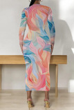 Grey Street Elegant Geometric Print Flowers Contrast O Neck Printed Dresses