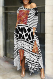 White Orange Casual Street Plaid Geometric Print Pocket Irregular Contrast O Neck Printed Dresses