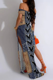 Baby Blue Sexy Faux Denim Print Slit Contrast Off Shoulder Printed Dresses