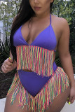 Purple Euramerican Patchwork Tassel Fringed Milk Fiber Two-piece Swimwear